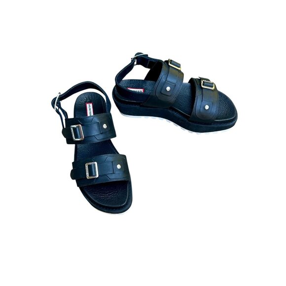 Hunter Black Double Buckle Platform Sandals Size 39 US 8 - Picture 1 of 10